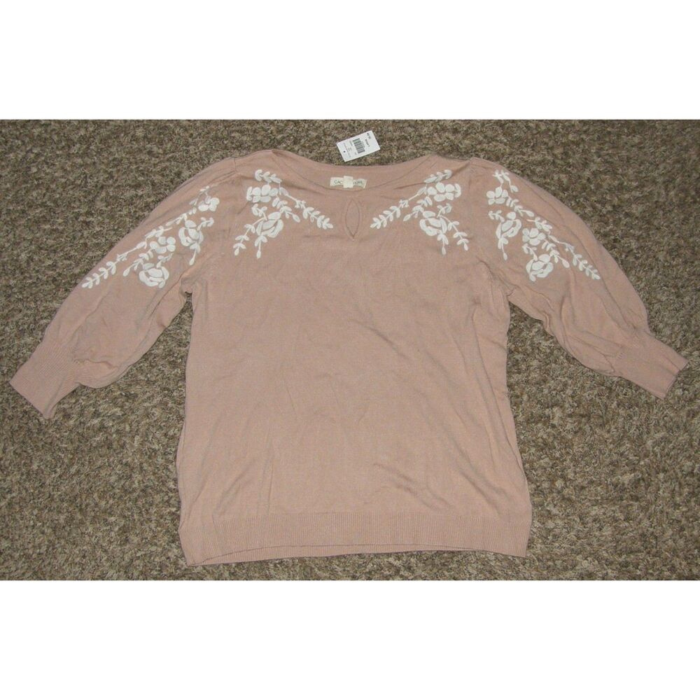 NEW Embroidered Muted Pink Sz Large Soft Stretchy Keyhole Sweater CACTUS & PEARL